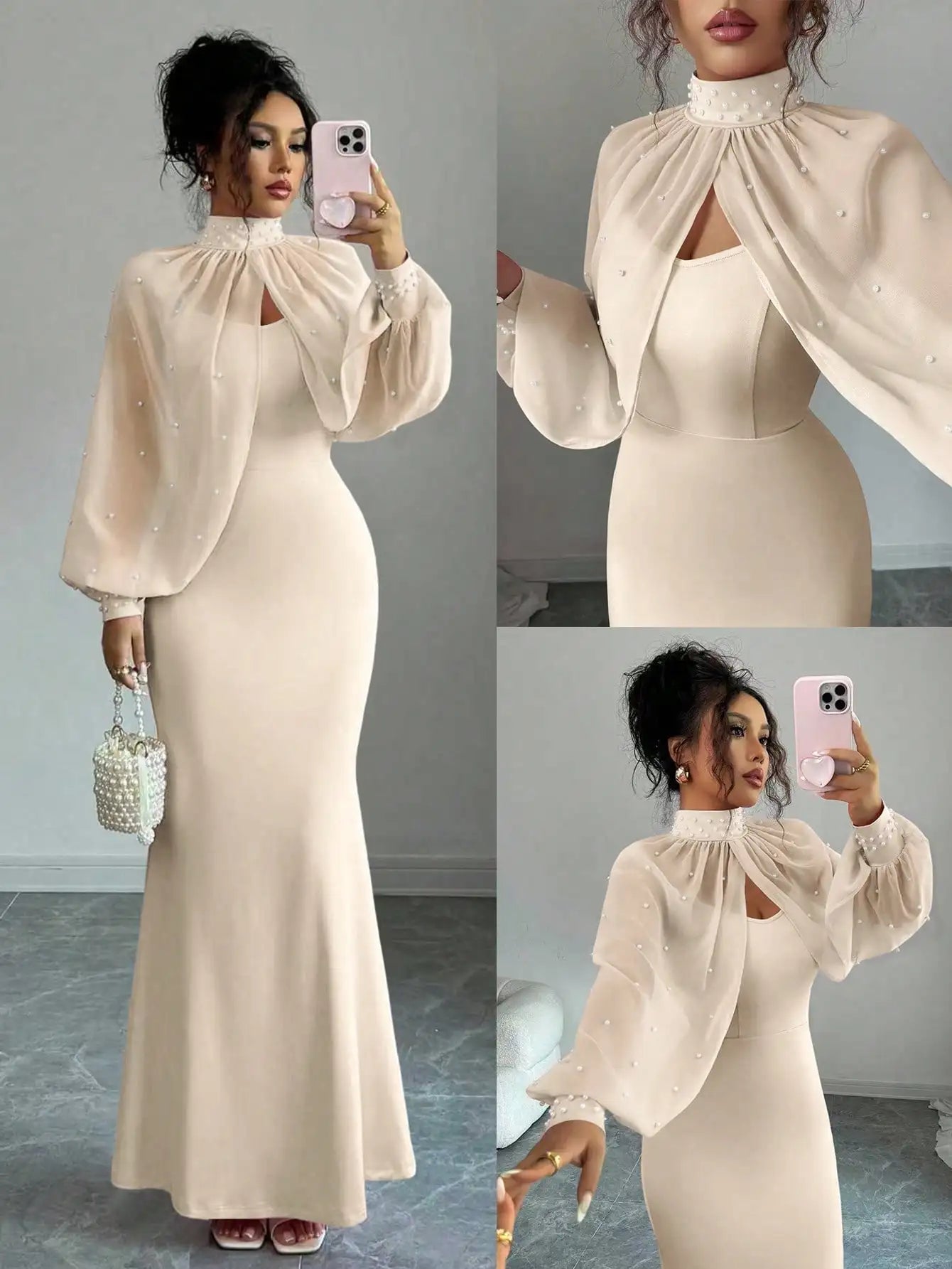 Beaded Cape Sleeve Mermaid Evening Dress Set With Pearl Overlay