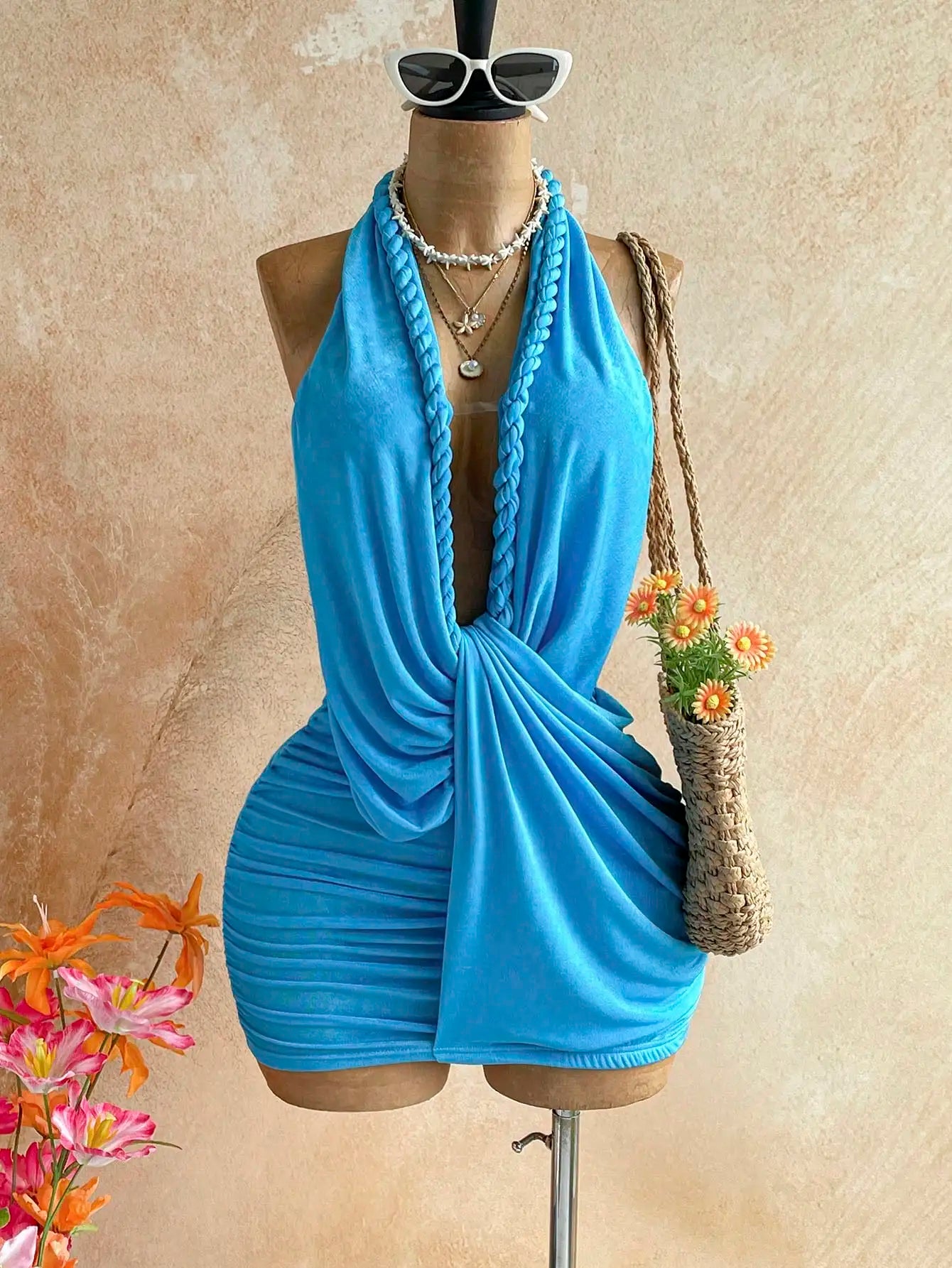 Women Backless Halter Mini Dress For Summer Vacation