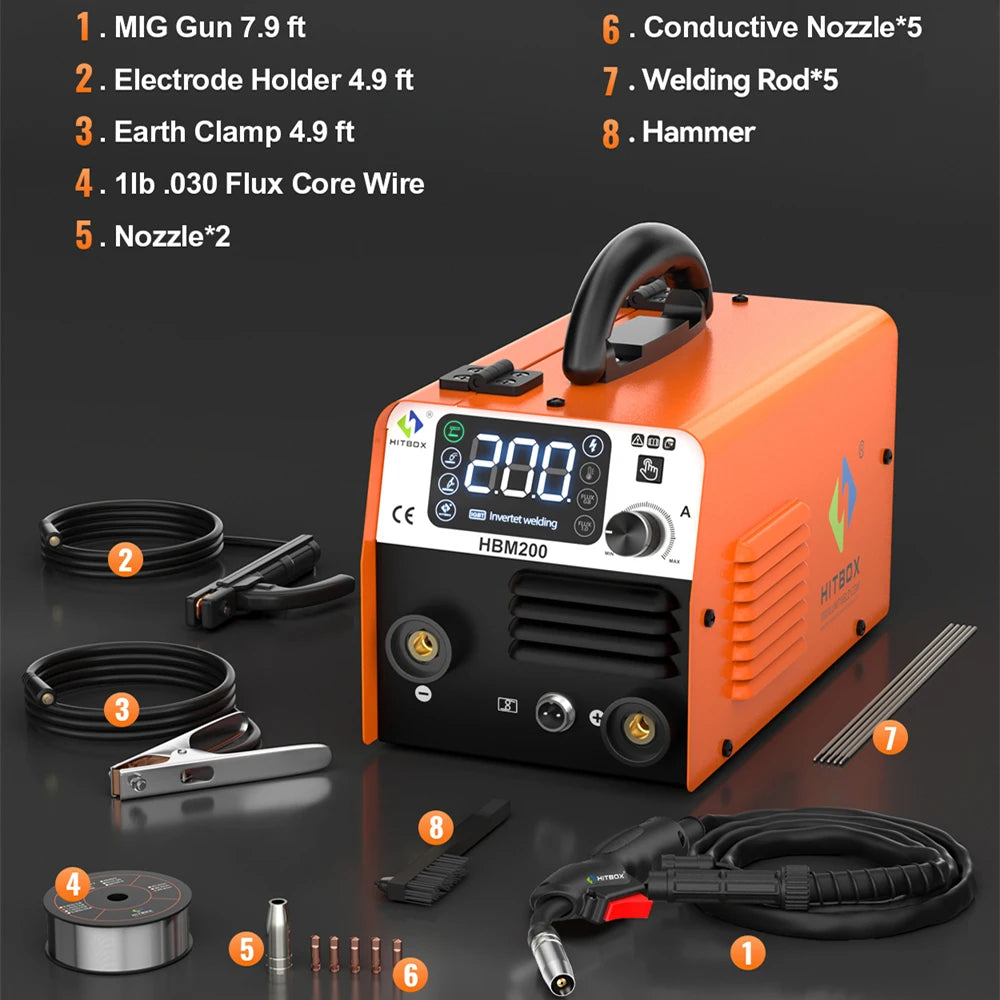 HITBOX HBM200 Semi-automatic Non Gas MIG Welding Machine 3 in 1 ARC/MIG/Lift TIG Portable Home Inverter Welder Synergy Tool
