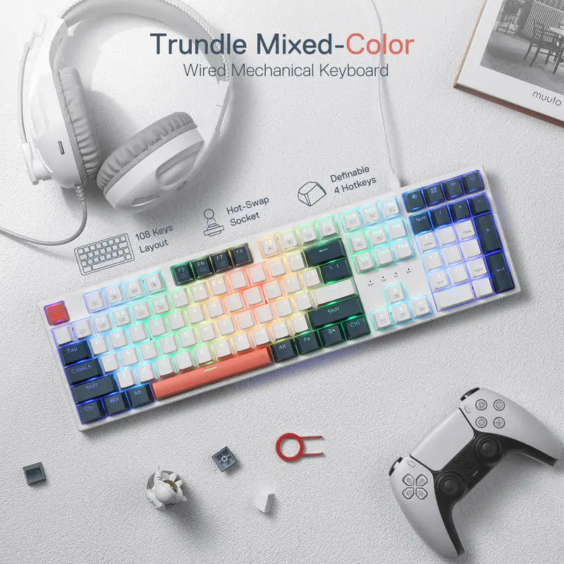 Redragon K668 RGB Gaming Keyboard, 108 Keys Wired Mechanical Keyboard w/Extra 4 Hotkeys Upgraded Hot-swappable Socket,Red Switch