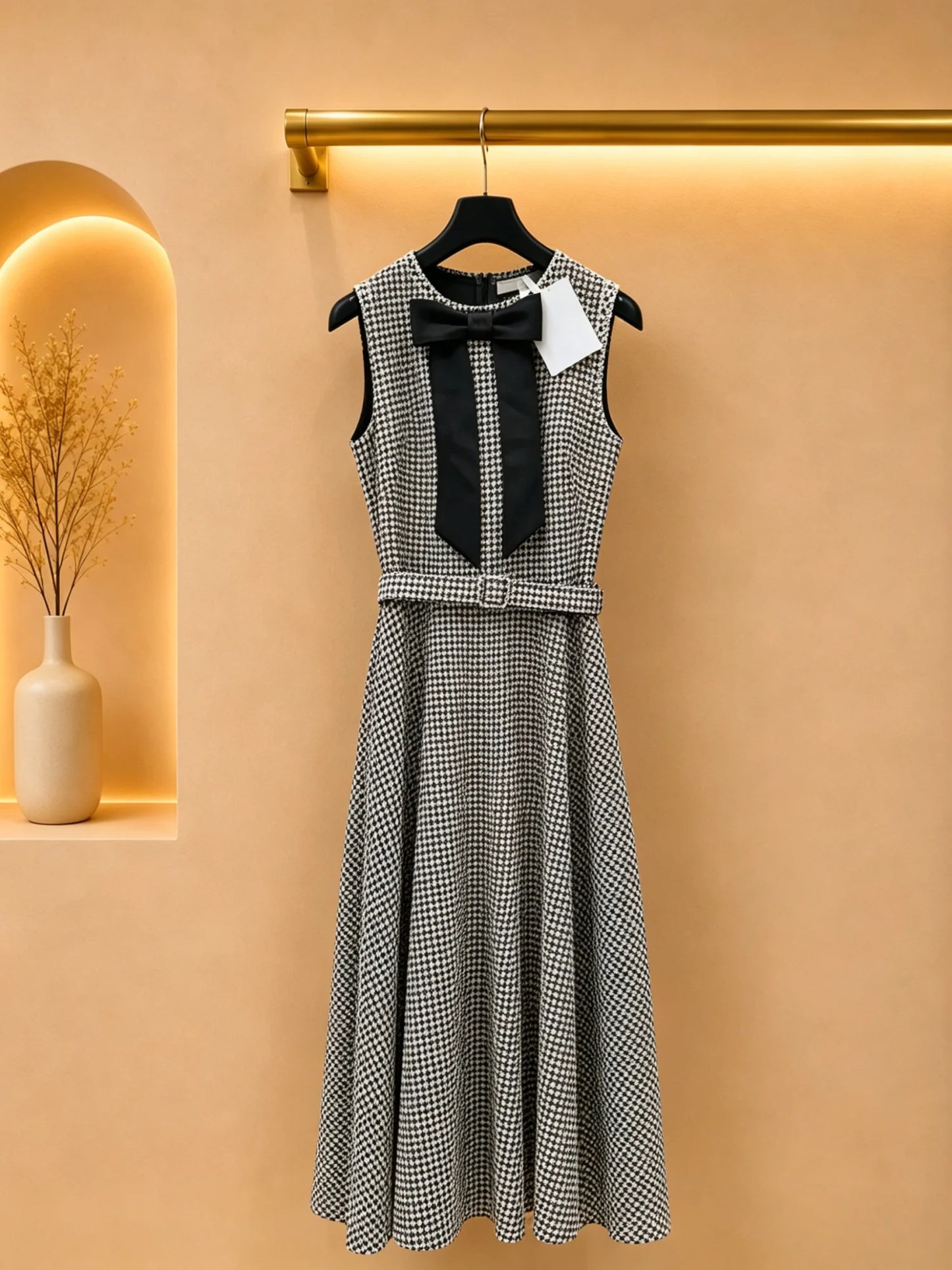 Plaid Cross Check Sleeveless Dress With Knot Buckled Waist Women