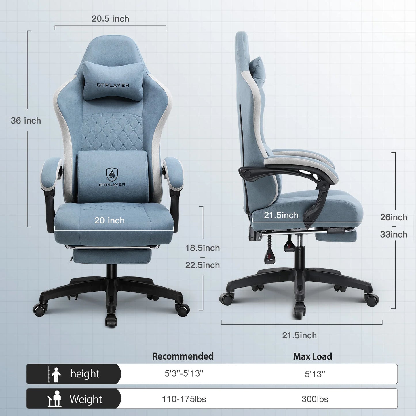 GTPLAYER Gaming Chair With Pocket Spring Cushion, Armrests, Lumbar Support