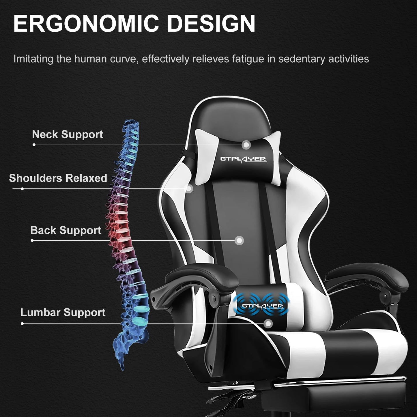 GTPLAYER Gaming Chair With Footrest Lumbar Support Adjustable Height