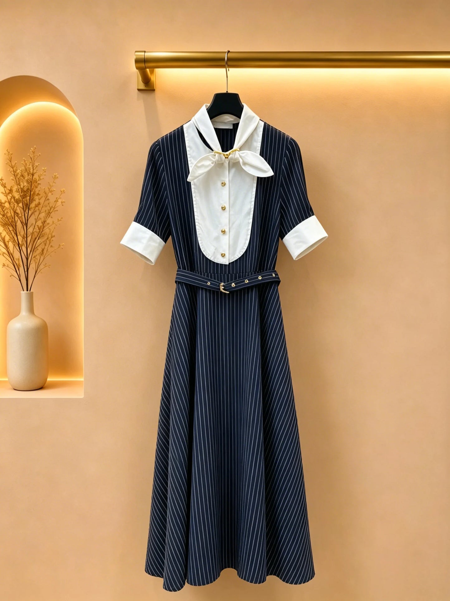 Airy Flared Dress With Structured Collar And Wrap Waist