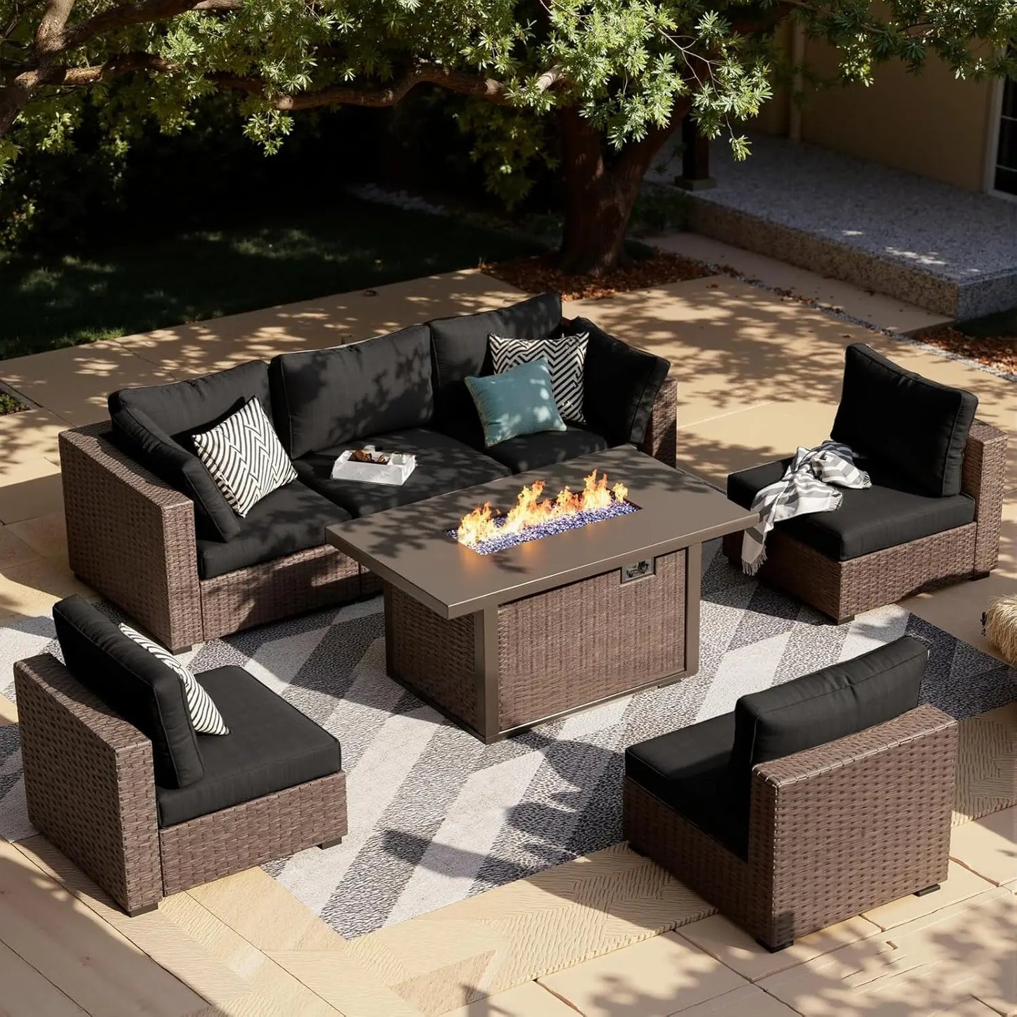 XIAOLANG 7 Piece Outdoor Patio Furniture Set With Rattan Wicker Fire Pit Table