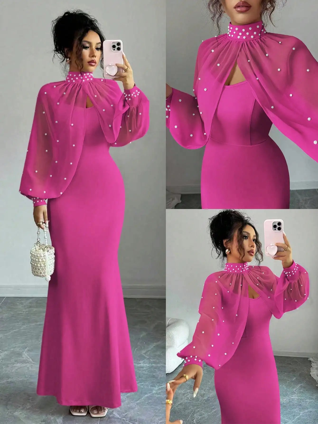 Beaded Cape Sleeve Mermaid Evening Dress Set With Pearl Overlay