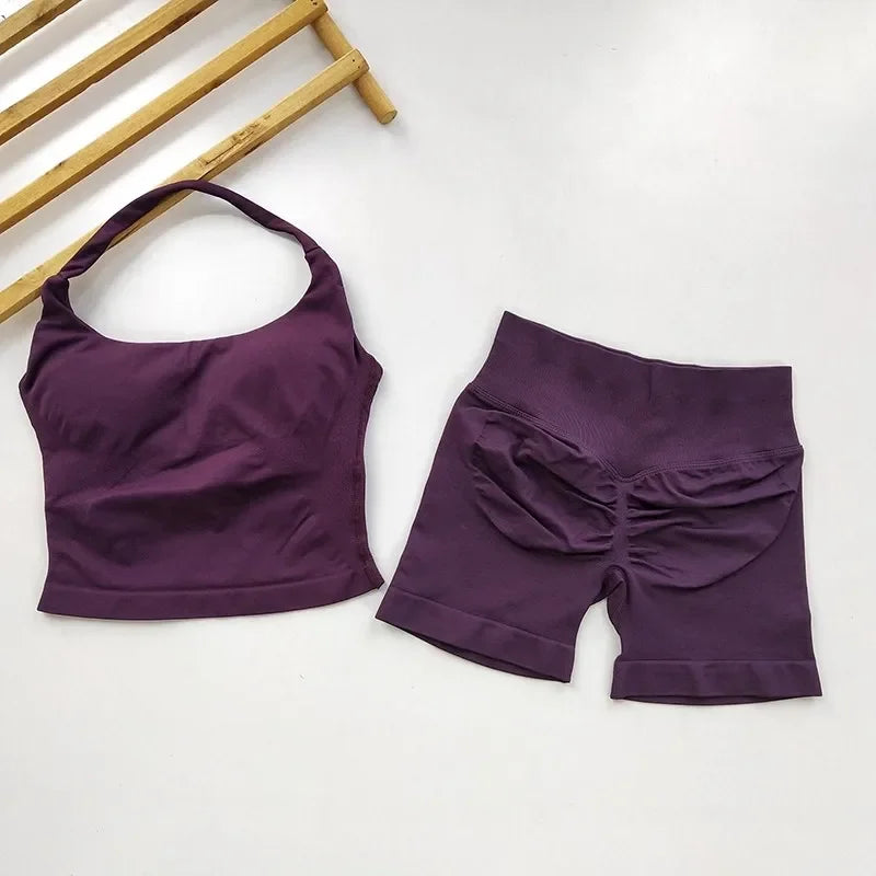 Yoga 2 Piece Women Backless Halter Top High Waist Shorts