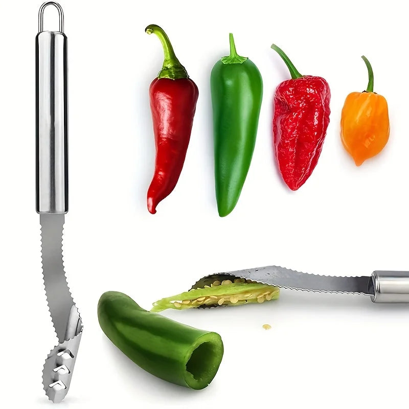 Easy Pepper Seed Remover Tool Stainless Steel Upgraded Toothed Design Multi-functional Chili De-seeder Kitchen Gadget Prep