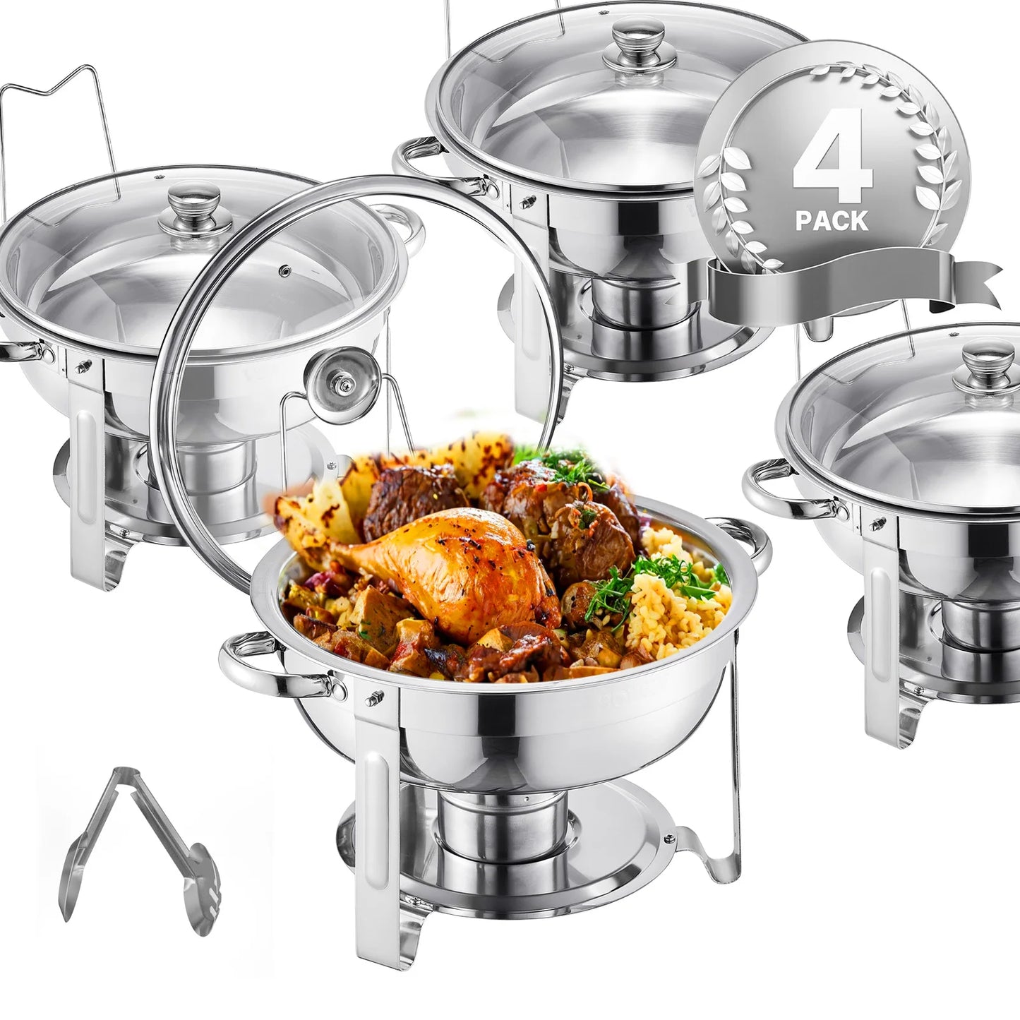 VEVOR 4 Pack Chafing Dish Buffet Stainless Steel Chafer with 4 Full Size Pan Round Catering Warmer w/Glass Lid for Party Banquet