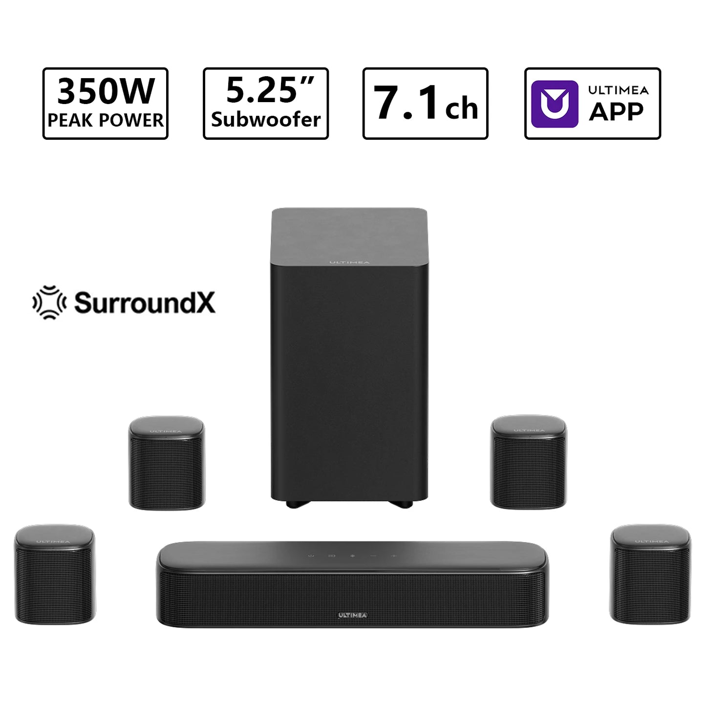 ULTIMEA 7.1 Channel Virtual Surround Soundbar,Home Theater TV Speakers ,Peak Power 330 Watts,Smart App Control, Aura A40, Black