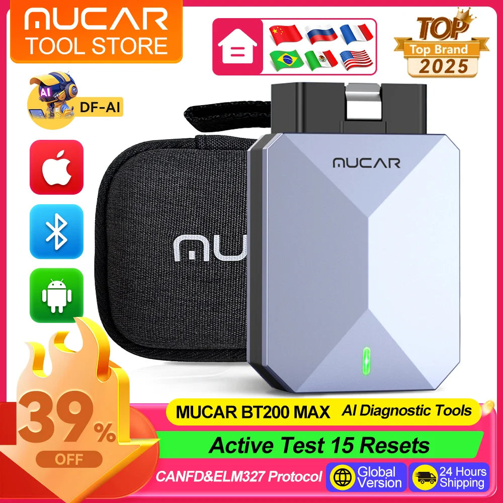 MUCAR BT200 MAX Diagnostic Tools All System AI OBD2 Scanner Lifetime Free Update CAN FD BI-Directional Mucar Diagnostic Scanner