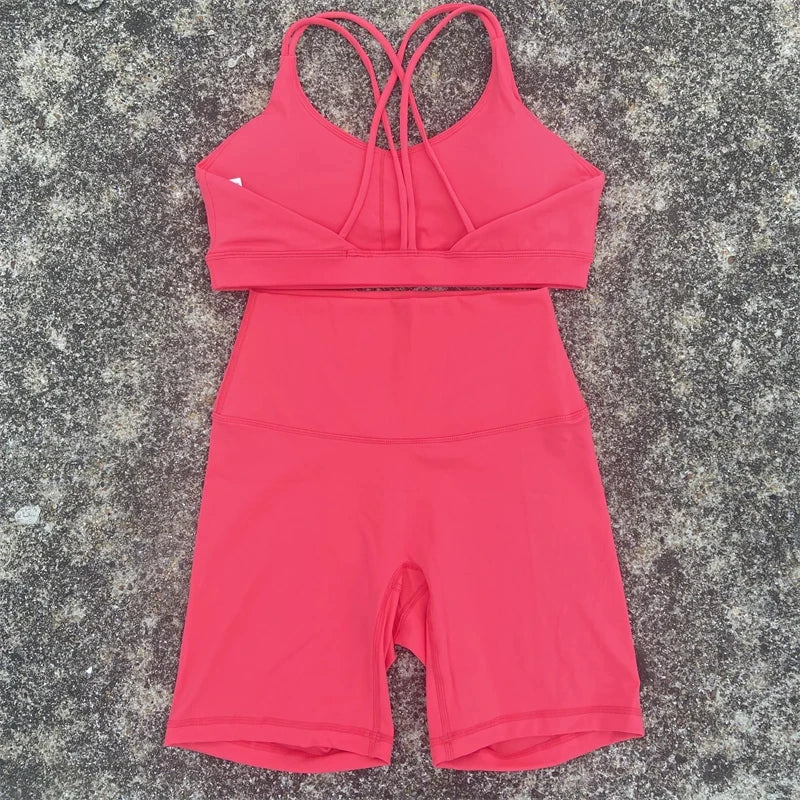 Women Cross Back Gym Bra and High Waist Shorts Set
