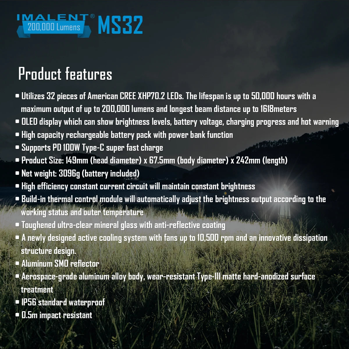 Imalent MS32 200000 Lumen Flashlight Rechargeable Searchlight