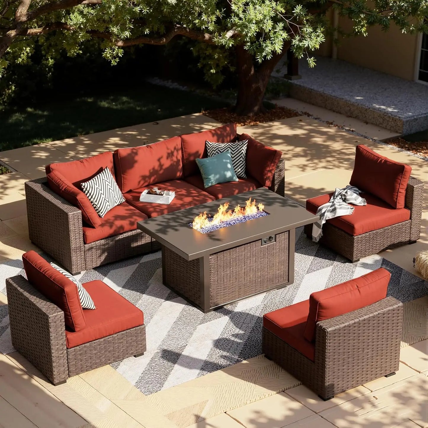 XIAOLANG 7 Piece Outdoor Patio Furniture Set With Rattan Wicker Fire Pit Table