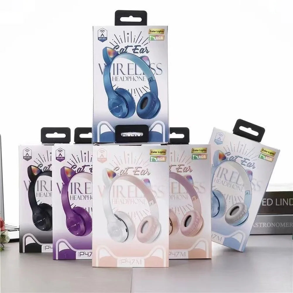 Wireless Headphones Cat Ear Gaming Headset Glow Light Bluetooth-Compatible Helmets Stereo Bass Sports Headphones for PC Phone
