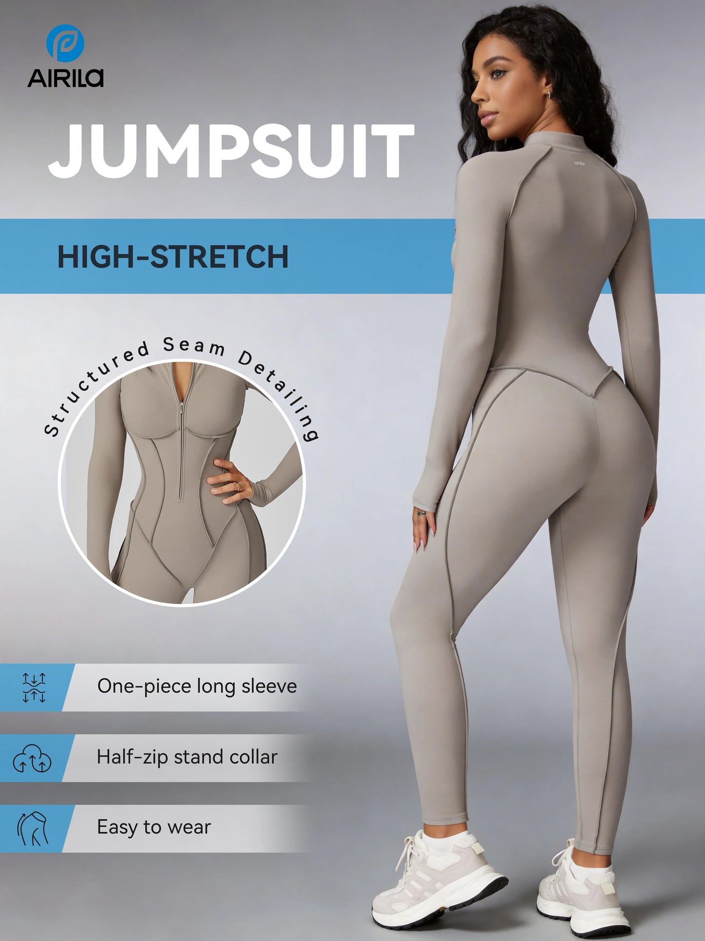 Zip Front Long Sleeve Yoga Jumpsuit For Women Tummy Control