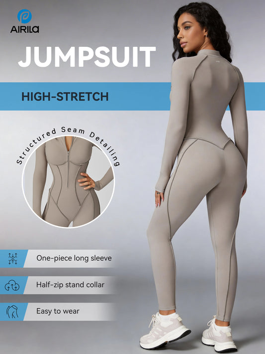 Zip Front Long Sleeve Yoga Jumpsuit For Women Tummy Control