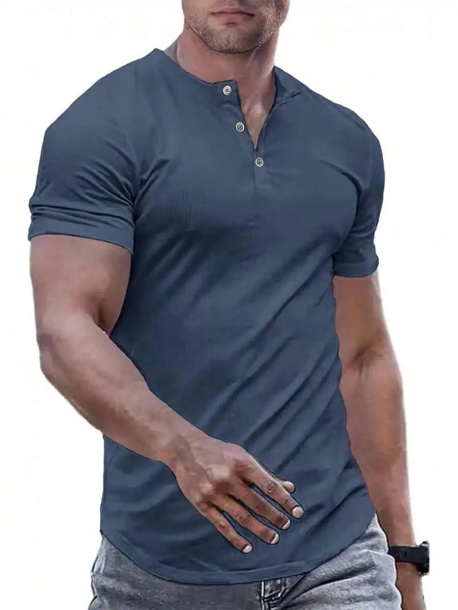 Slim Fit Henley Shirt For Men Round Neck Button Casual