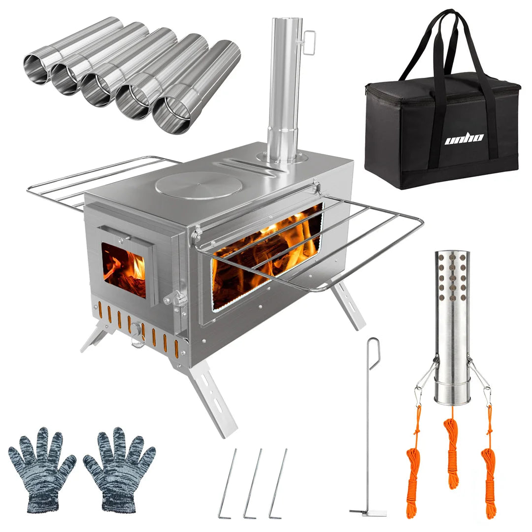 Portable Wood Burning Stove With Six Stainless Chimney Pipes For Outdoor Heating