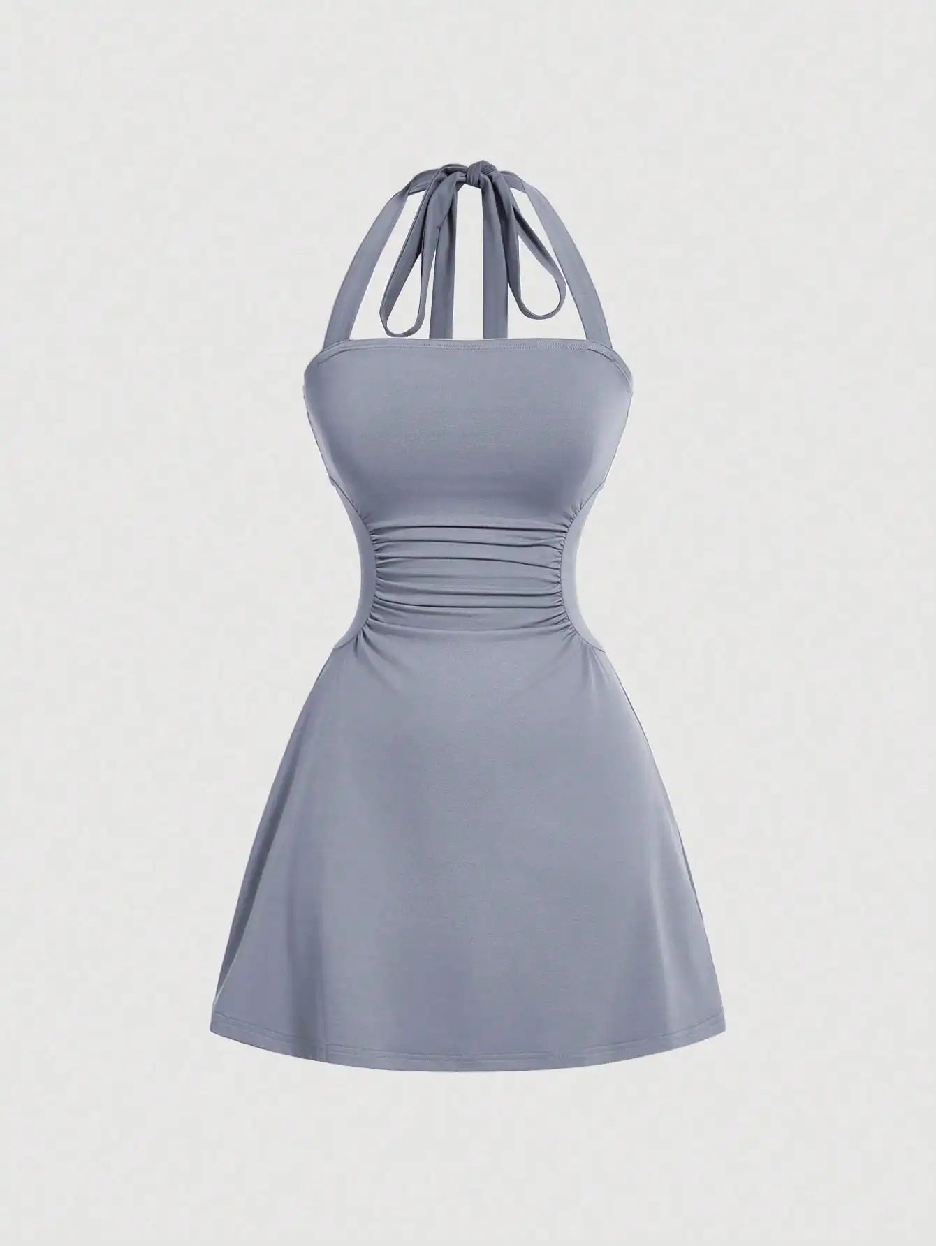 Halter Neck A Line Dress With Ruched Waist Summer Wear