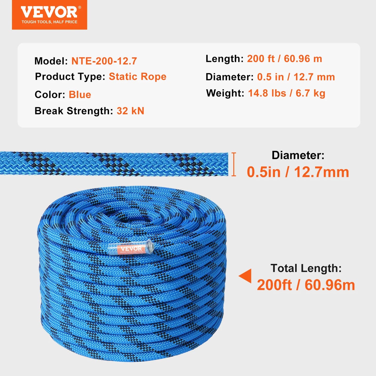 VEVOR Static Climbing Rope With 32 kN Breaking Strength