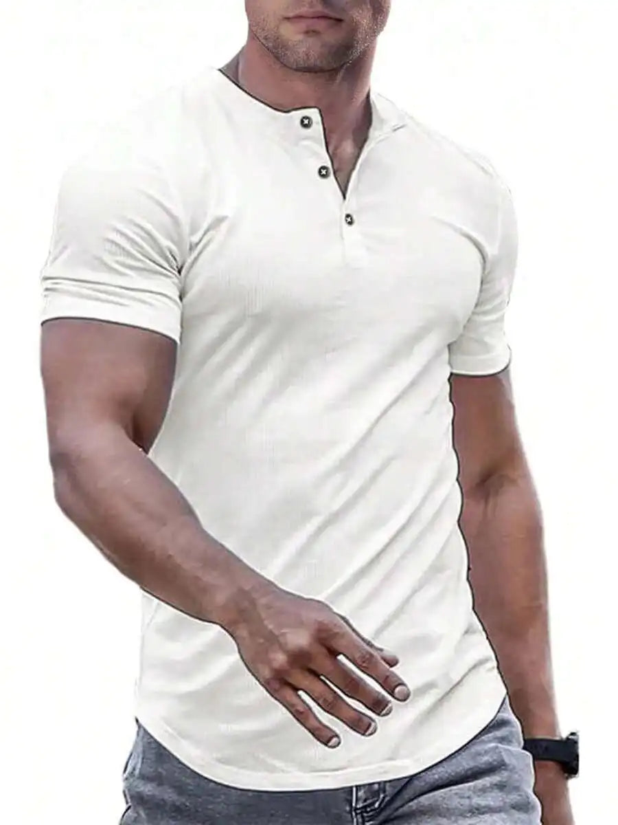 Slim Fit Henley Shirt For Men Round Neck Button Casual