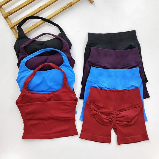 Yoga 2 Piece Women Backless Halter Top High Waist Shorts