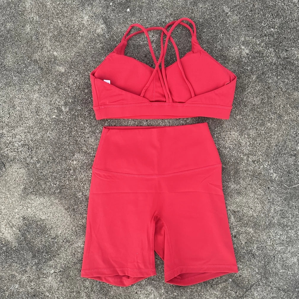 Women Cross Back Gym Bra and High Waist Shorts Set