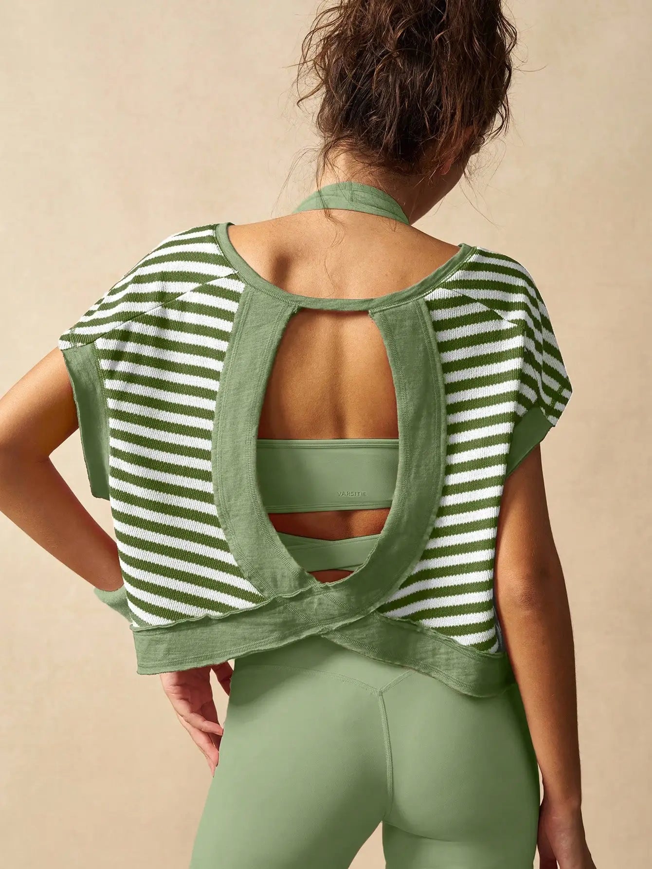 Women Striped Open Back Workout Top Gym Crop Activewear