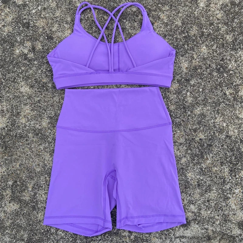 Women Cross Back Gym Bra and High Waist Shorts Set