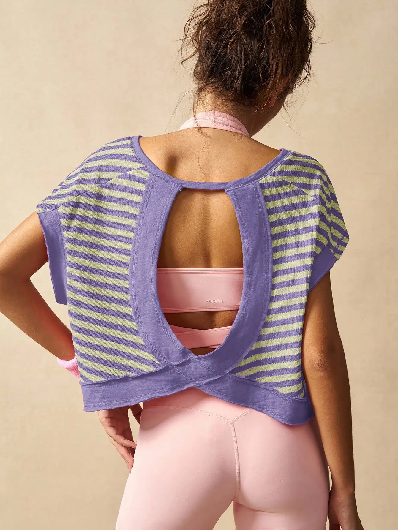Women Striped Open Back Workout Top Gym Crop Activewear