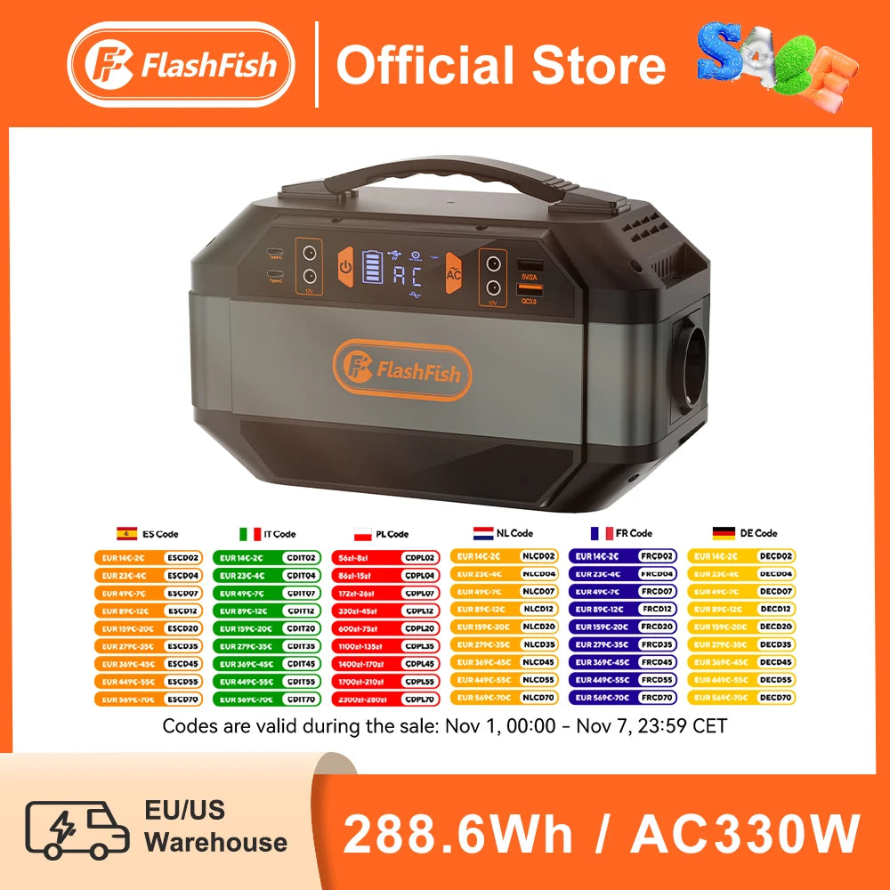 FF Flashfish P56 Portable Power Station 330W Peak 600W AC Outlet 288.6Wh Solar Generator DC for Solar Panel Outdoor Power Drone