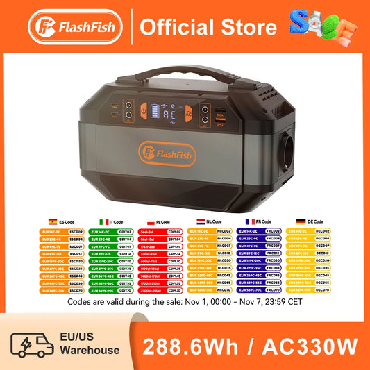 FF Flashfish P56 Portable Power Station 330W Peak 600W AC Outlet 288.6Wh Solar Generator DC for Solar Panel Outdoor Power Drone