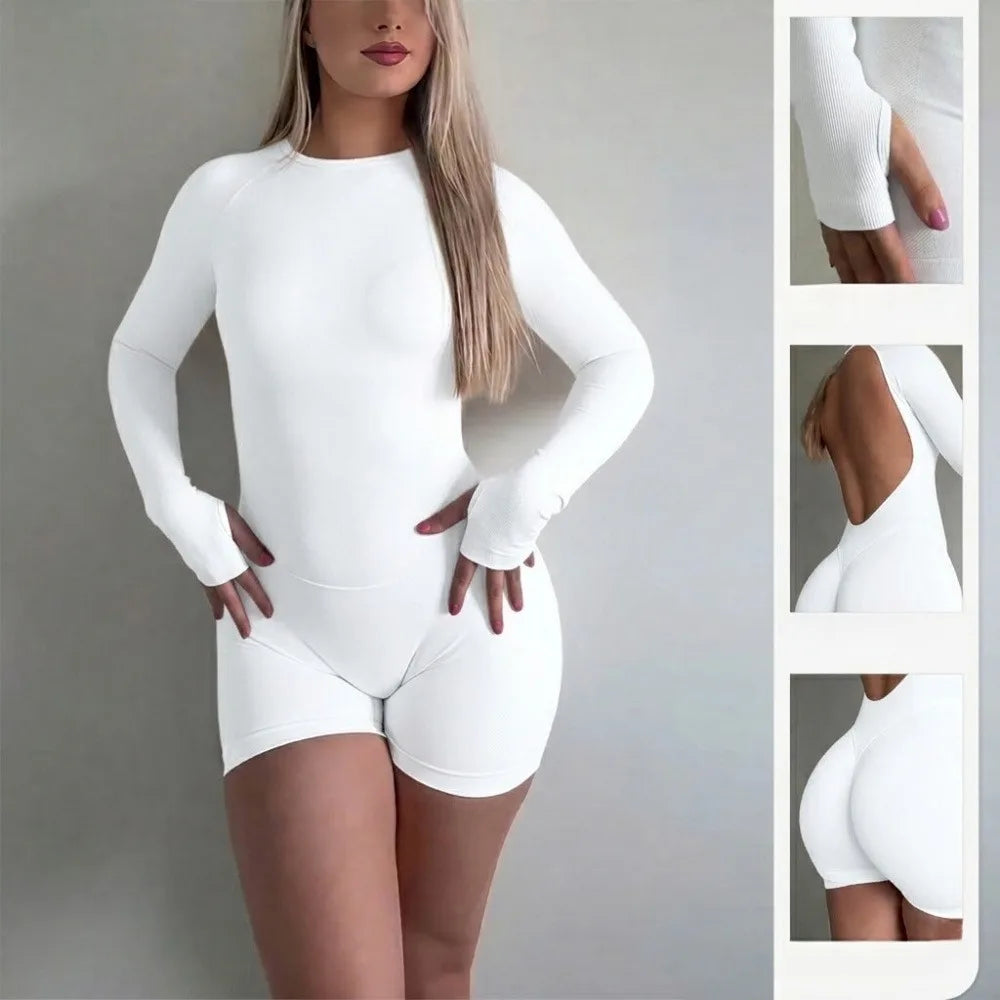 Women's Open Back Seamless Knit Yoga Jumpsuit Breathable Nylon Elastane
