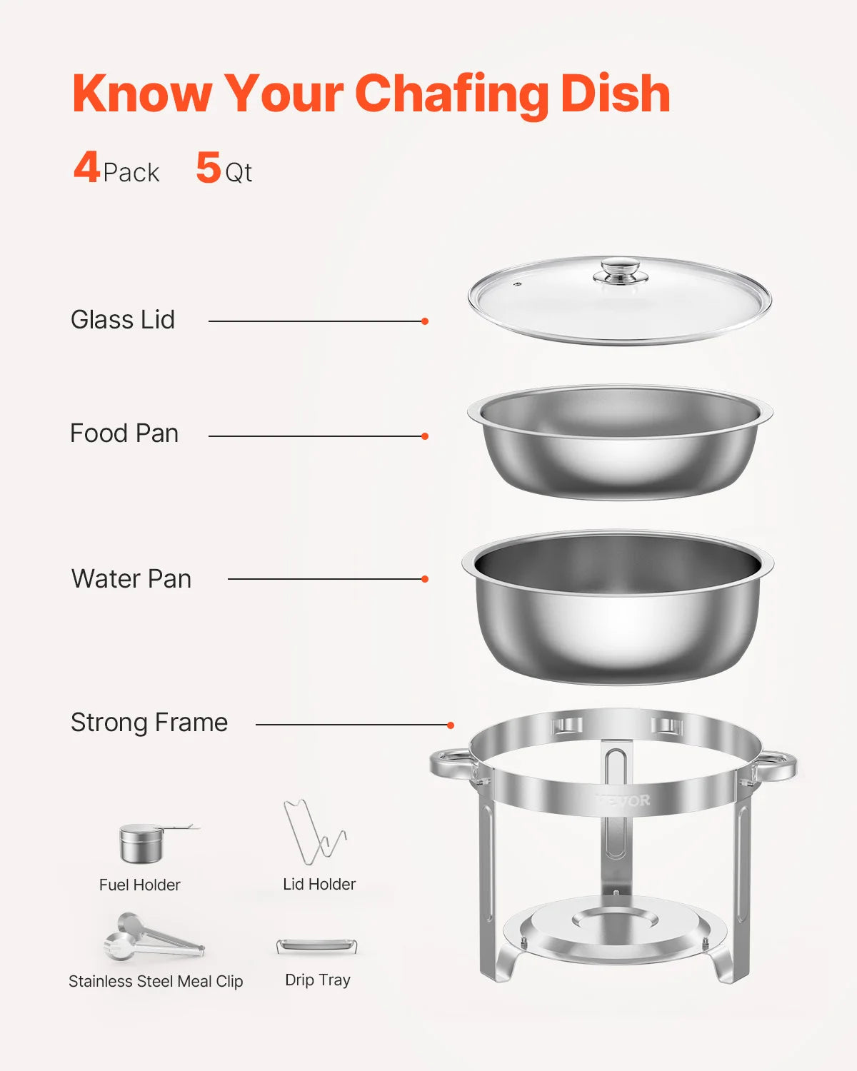 VEVOR 4 Pack Chafing Dish Buffet Stainless Steel Chafer with 4 Full Size Pan Round Catering Warmer w/Glass Lid for Party Banquet