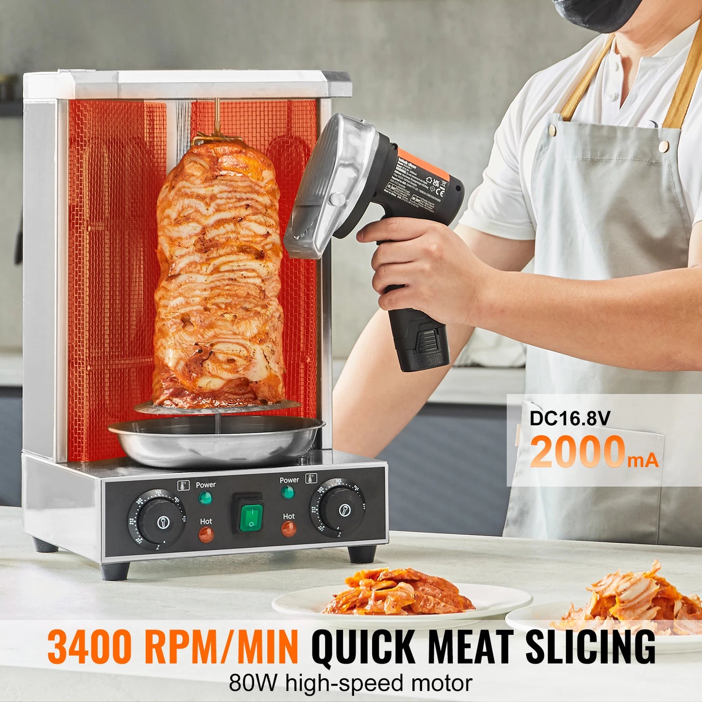 SucceBuy Electric Shawarma Knife, Cordless Battery Professional Turkish Knife Commercial Stainless Steel Gyro Cutter