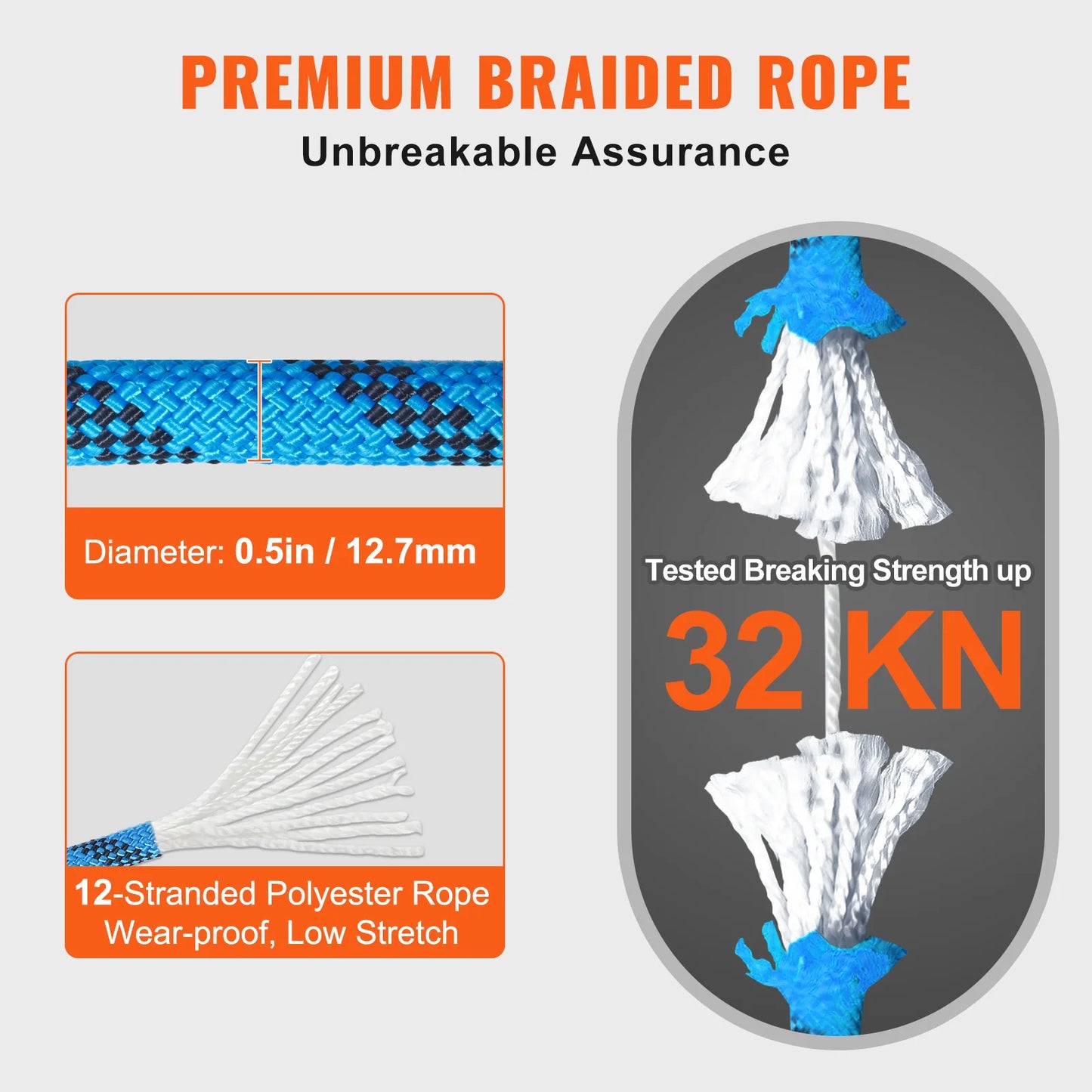 VEVOR Static Climbing Rope With 32 kN Breaking Strength