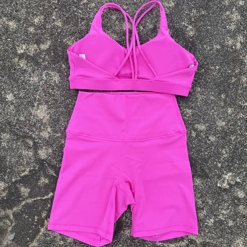 Women Cross Back Gym Bra and High Waist Shorts Set