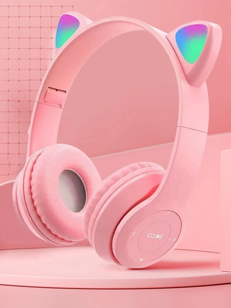 Wireless Headphones Cat Ear Gaming Headset Glow Light Bluetooth-Compatible Helmets Stereo Bass Sports Headphones for PC Phone