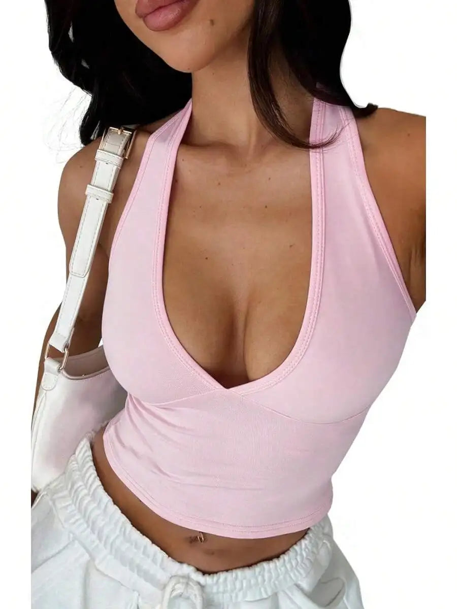 Women's Halter Deep Crop Top Backless Sleeveless Knit Polyester OS8Y