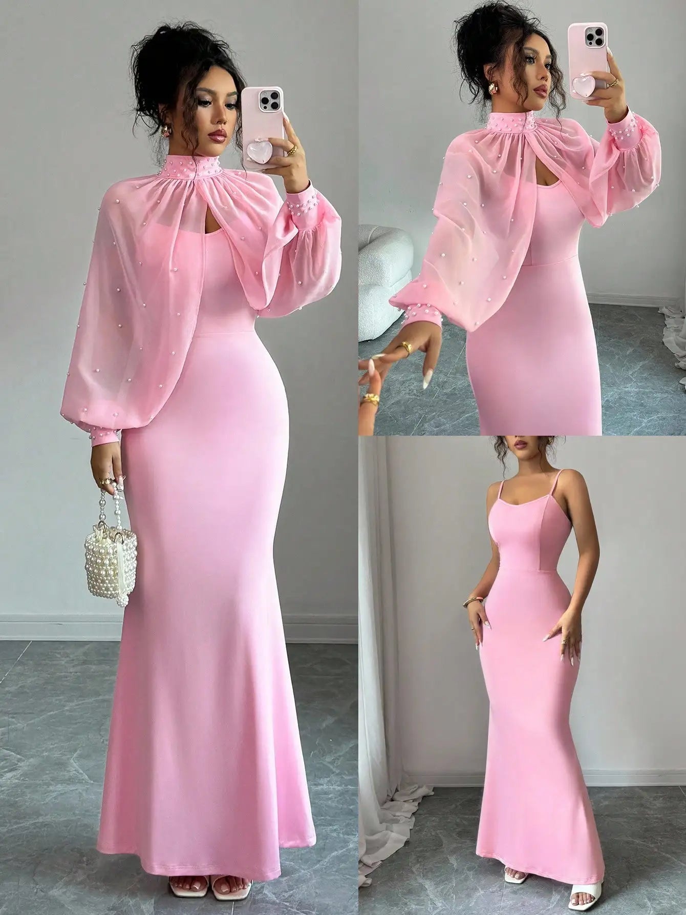 Beaded Cape Sleeve Mermaid Evening Dress Set With Pearl Overlay