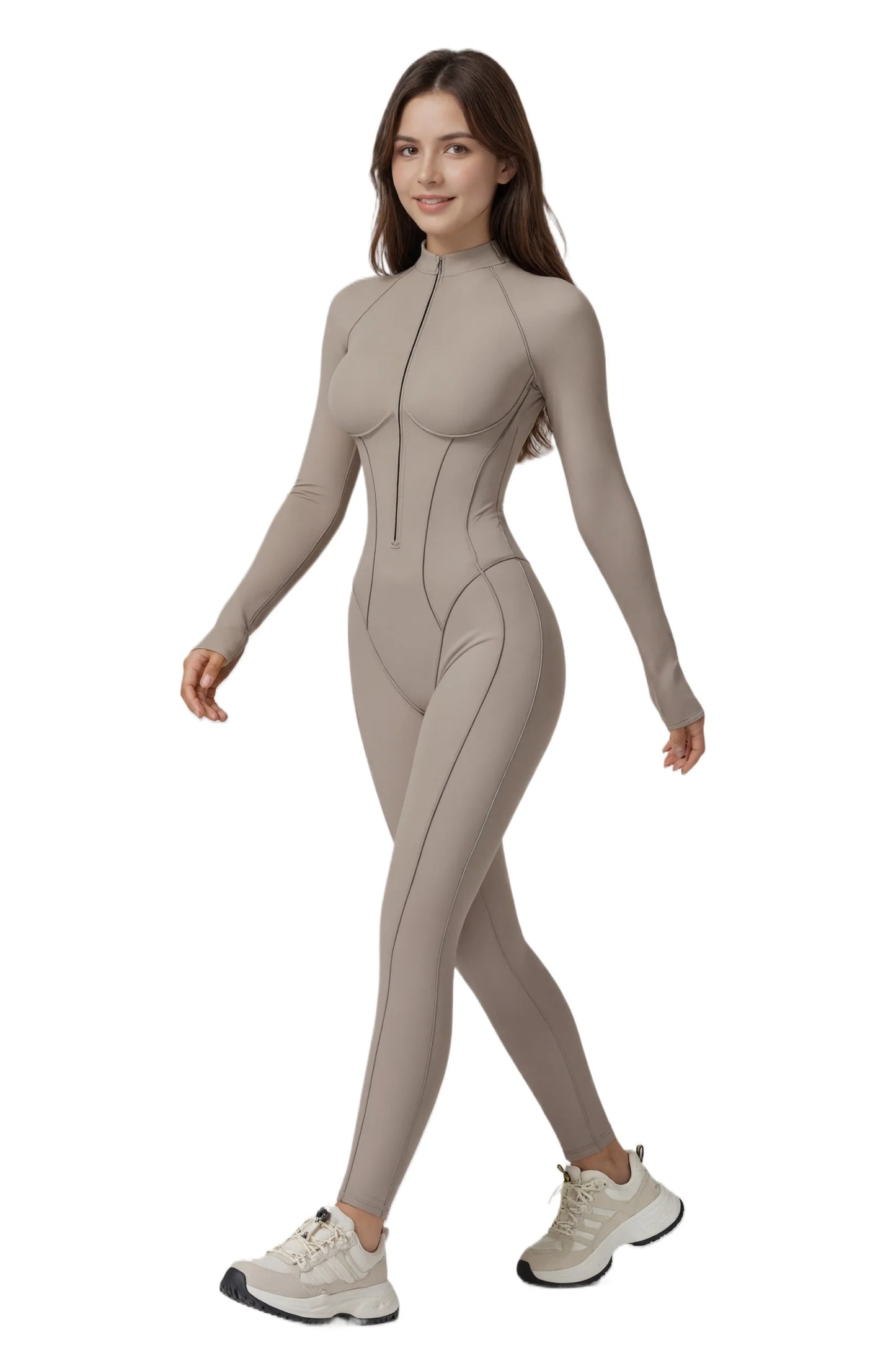 Zip Front Long Sleeve Yoga Jumpsuit For Women Tummy Control