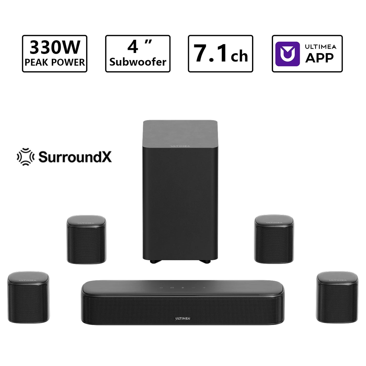 ULTIMEA 7.1 Channel Virtual Surround Soundbar,Home Theater TV Speakers ,Peak Power 330 Watts,Smart App Control, Aura A40, Black