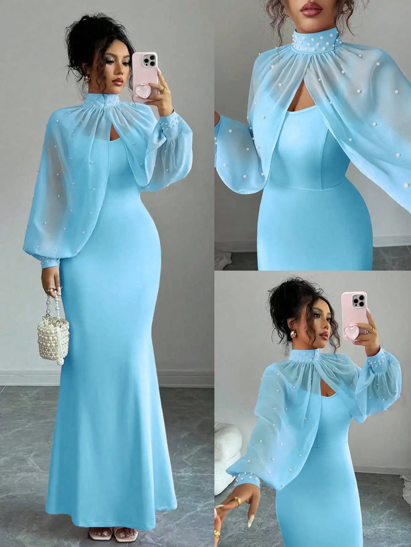 Beaded Cape Sleeve Mermaid Evening Dress Set With Pearl Overlay