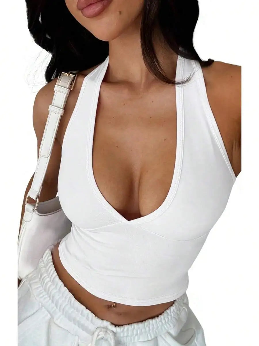 Women's Halter Deep Crop Top Backless Sleeveless Knit Polyester OS8Y