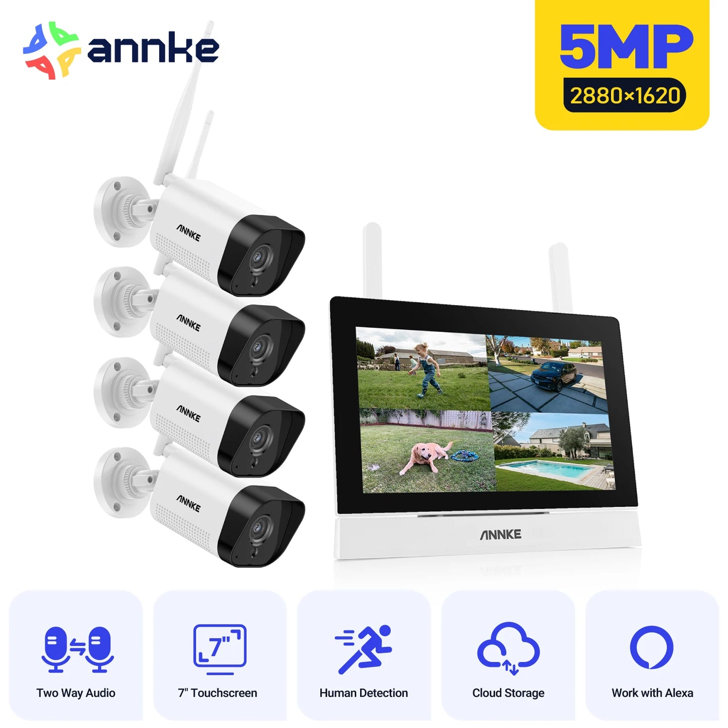 Annke 3MP 5MP Wireless CCTV System 4CH NVR Outdoor wifi camera 7-inch touch screen Two Way Audio 2/4Pcs Wifi security camera