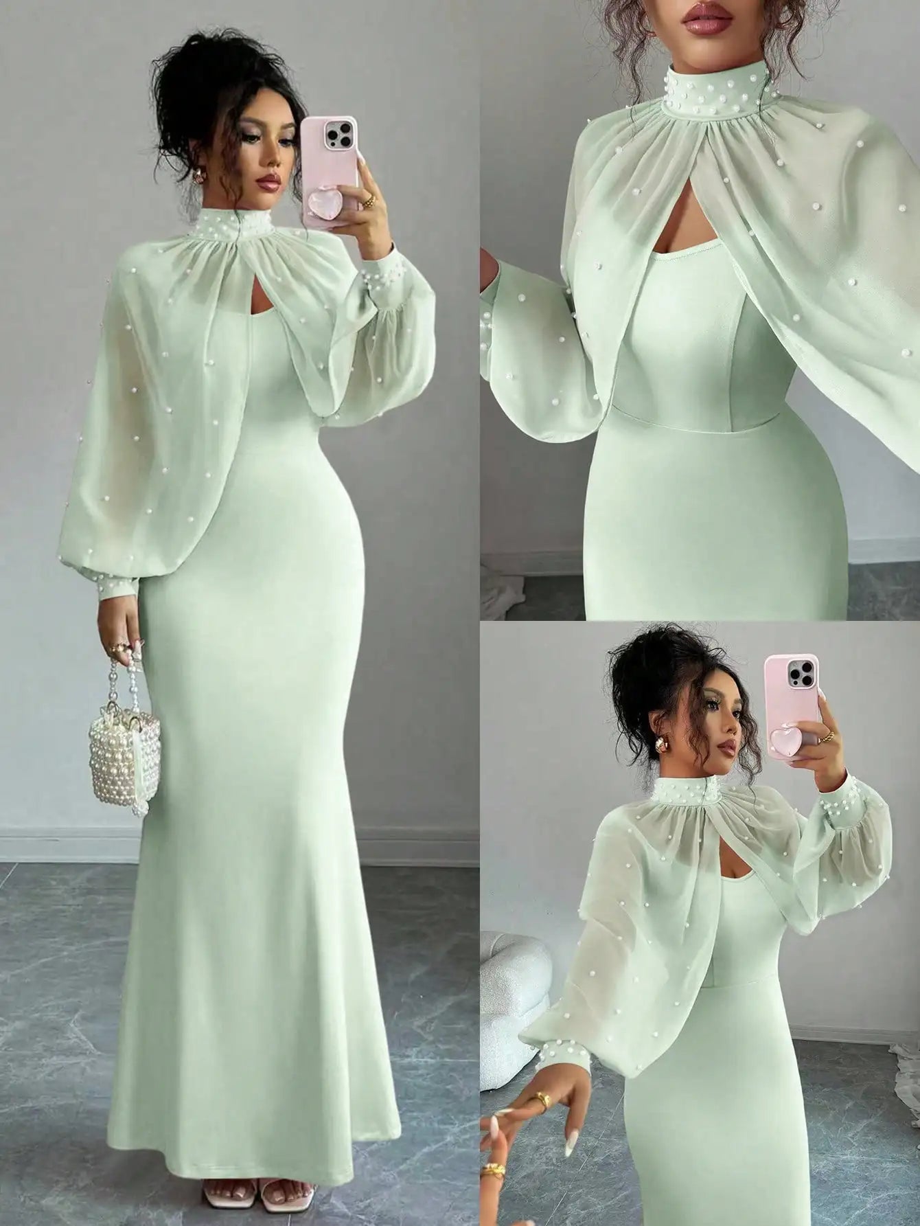 Beaded Cape Sleeve Mermaid Evening Dress Set With Pearl Overlay