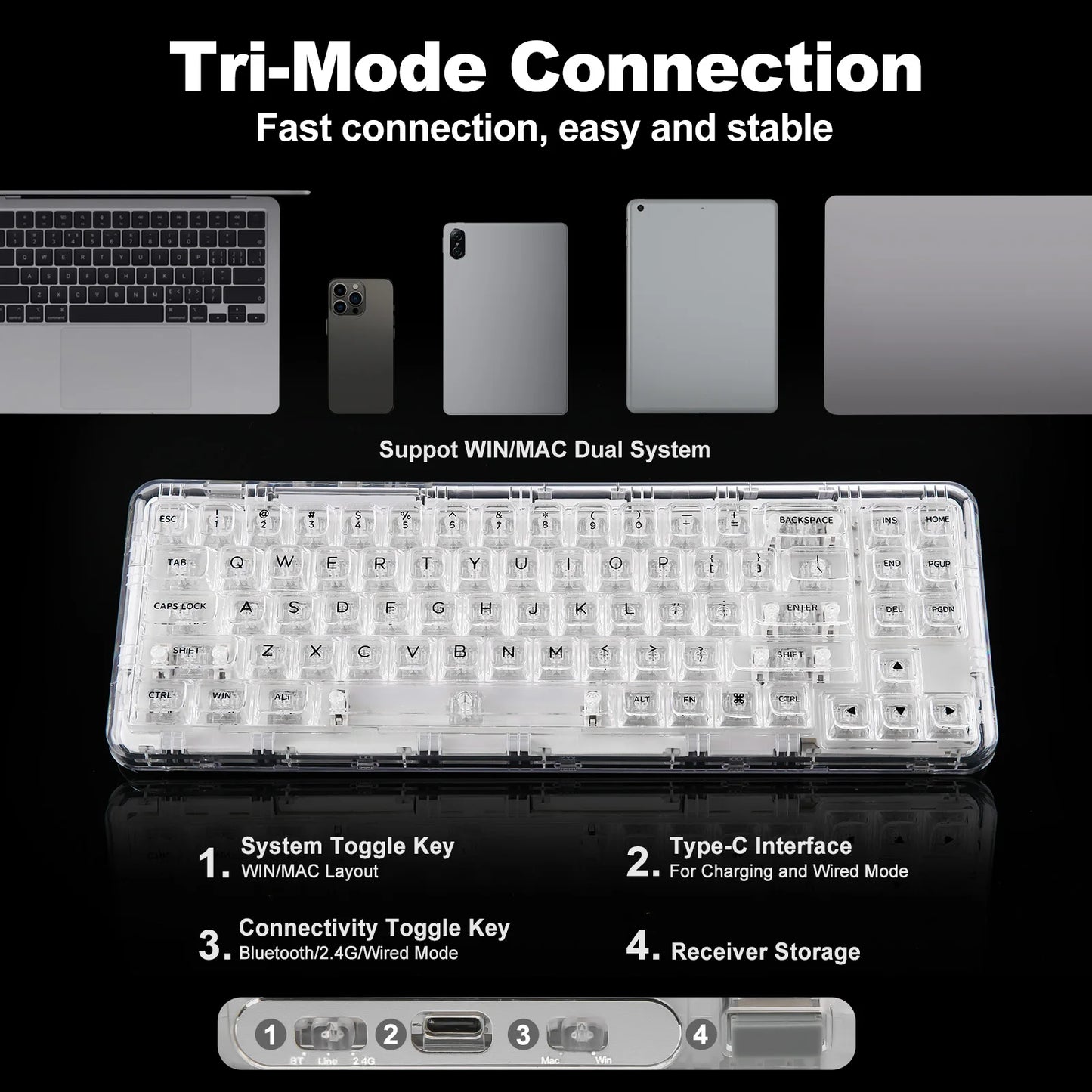 YUNZII X71 68% Layout Wireless BT/2.4G/USB-C Gasket Hot-Swap Transparent RGB Mechanical Gaming Keyboard with Clear Keycaps