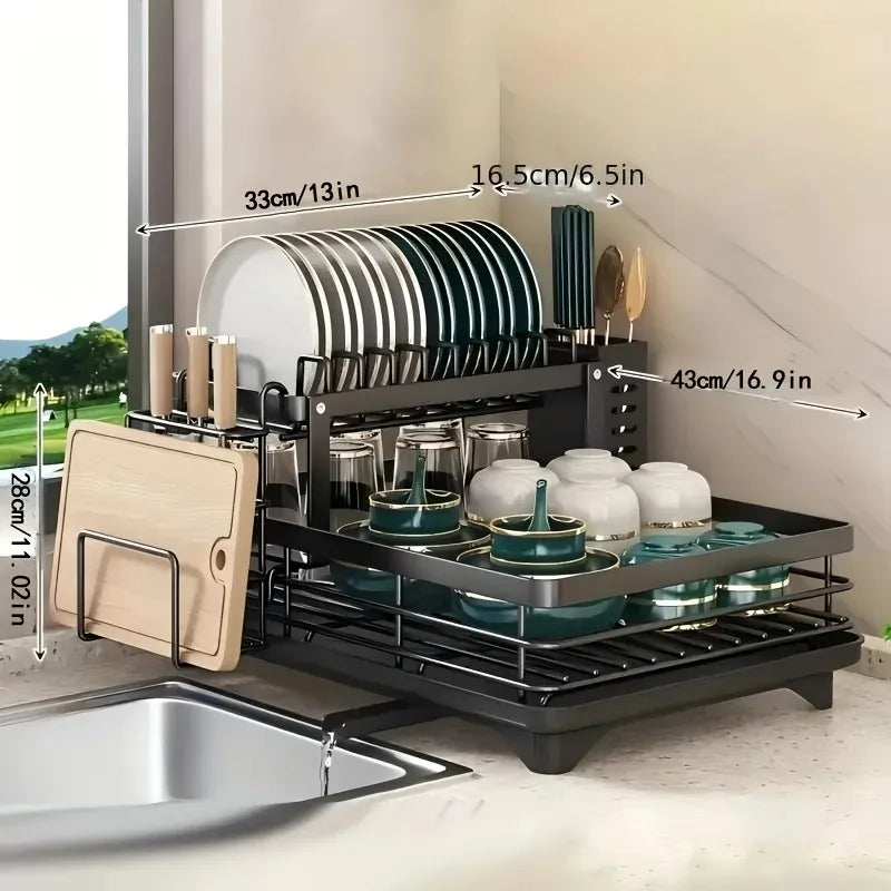 Double-Tier Extendable Dish Drainer – Large-Capacity Utensil Rack & Draining Board for Kitchen Worktops