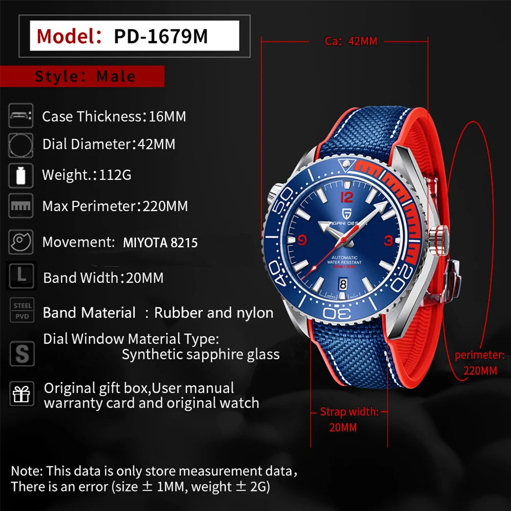 Pagani Design Sports Rubber Diving Watch Automatic Luminous Sapphire